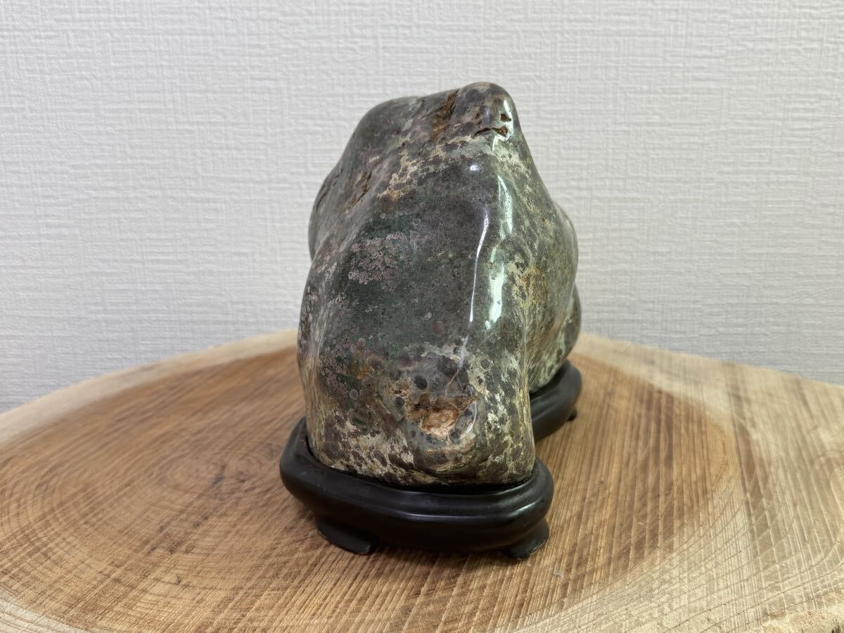 Oga Aoishi Suiseki Viewing Stone from Akita, Blue-Green Jasper with Wood Stand