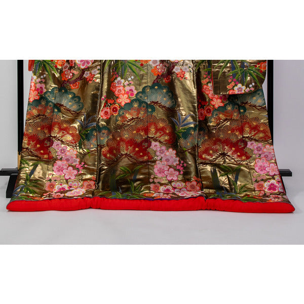 Torii Yuki Uchikake Bridal Kimono Gold Ground Pine Bamboo Plum Silk Signed