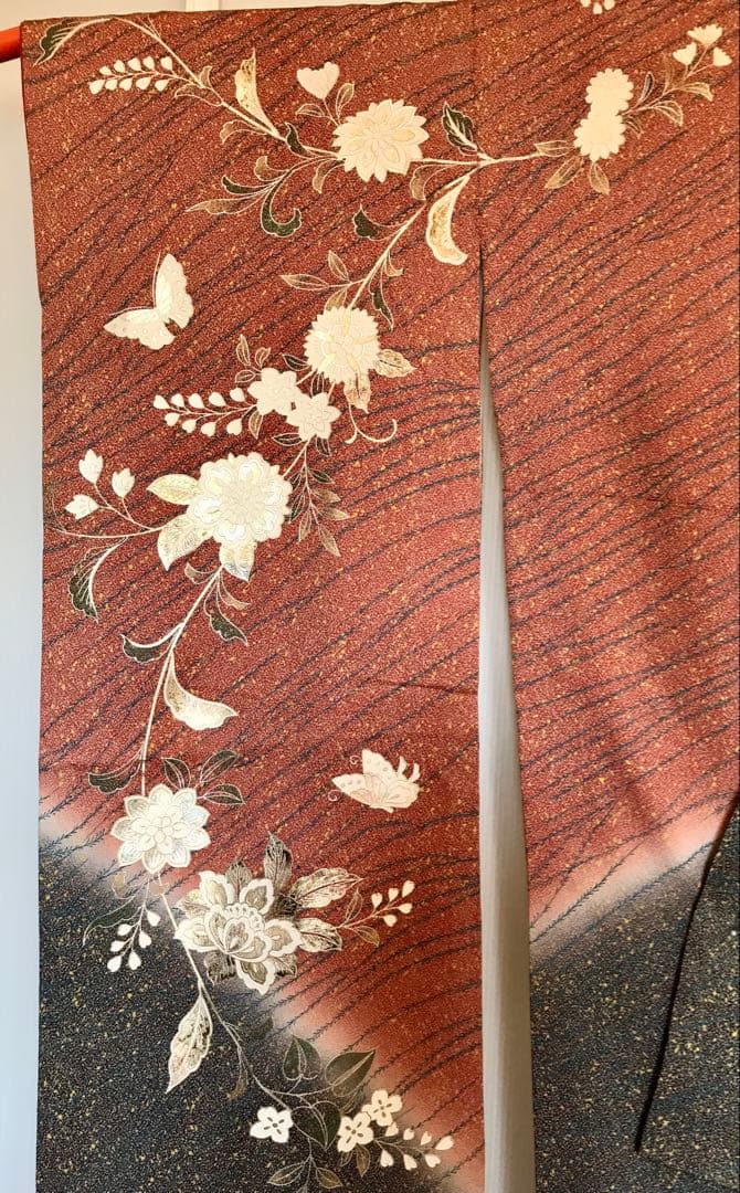 Furisode Silk Kimono Gold Thread Embroidery, Gold Silver Rainbow Foil, Karahana Butterfly, Length 160 cm Sleeve 111 cm Yuki 66 cm
