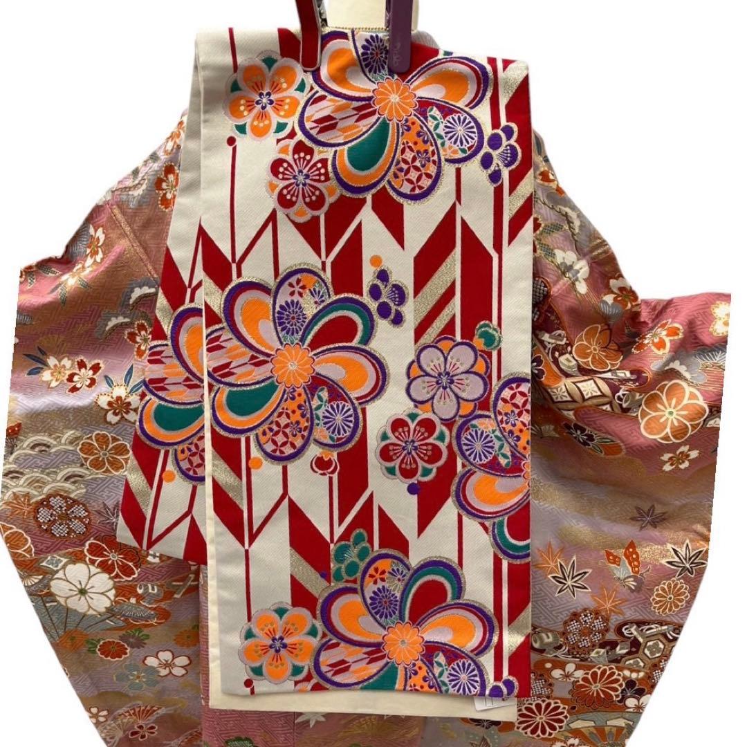 Silk Furisode Kimono Full Set with Fukuro Obi, Classic Floral Muted Color, Signed