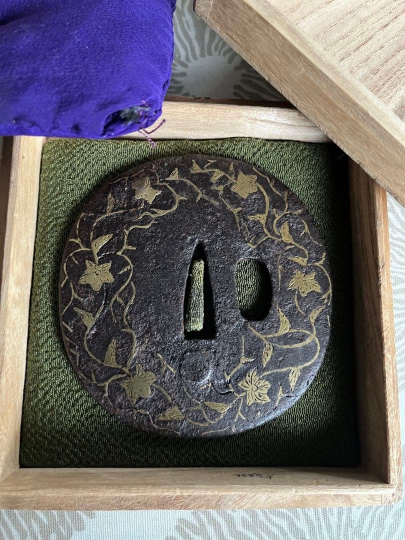 Heianjo Iron Tsuba with Kikyo Crest and Karakusa Brass Inlay, Antique Sword Guard