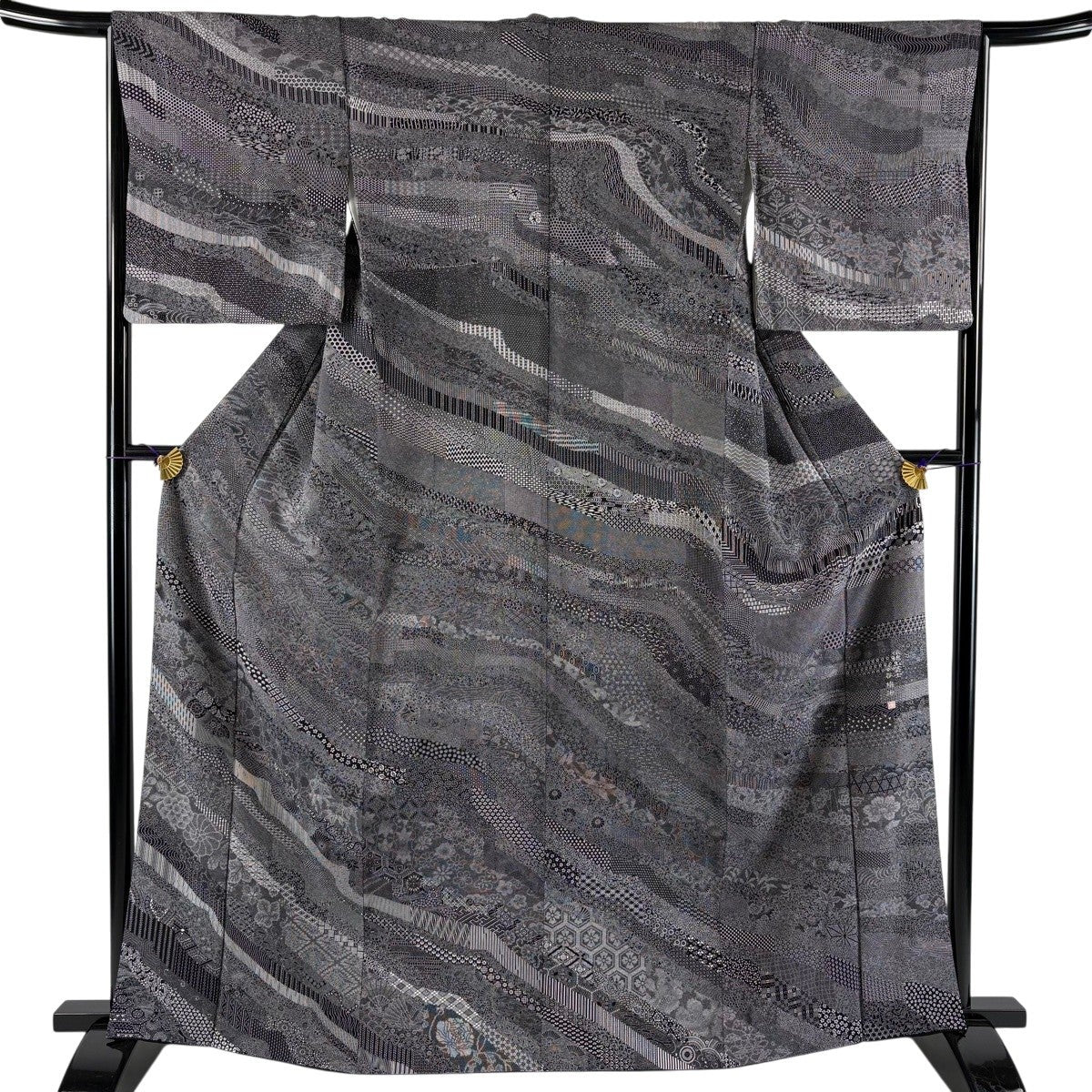 Homongi Kimono by Someya Umeji, Silk Awase with Grasses and Bamboo Motif, Size M