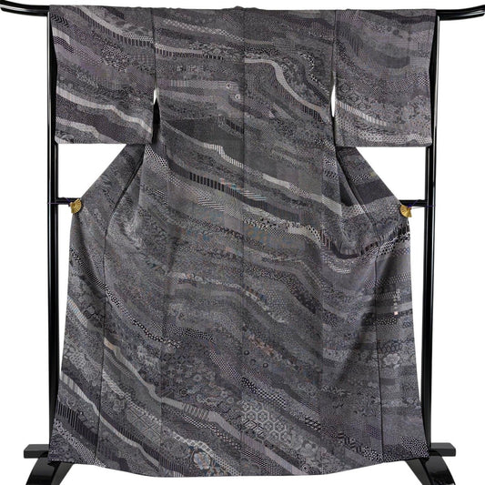 Homongi Kimono by Someya Umeji, Silk Awase with Grasses and Bamboo Motif, Size M