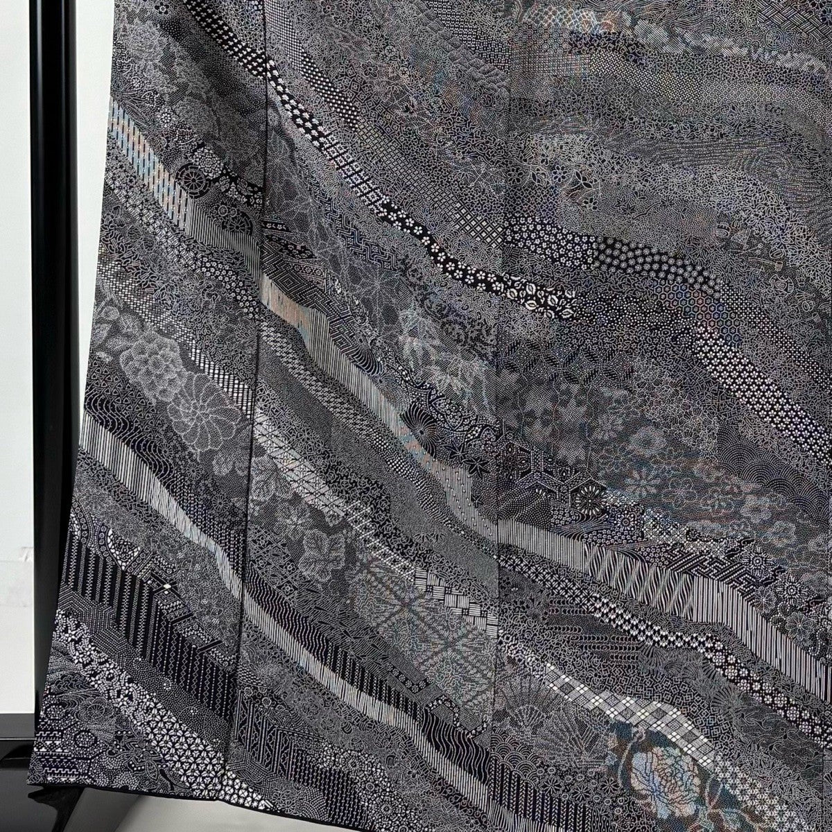 Homongi Kimono by Someya Umeji, Silk Awase with Grasses and Bamboo Motif, Size M