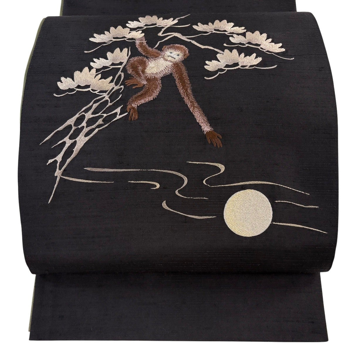 Fukuro Obi Silk Tsumugi with Embroidered Gibbon Pine and Moon in Gold Thread