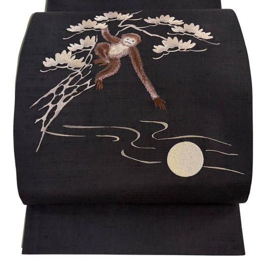 Fukuro Obi Silk Tsumugi with Embroidered Gibbon Pine and Moon in Gold Thread
