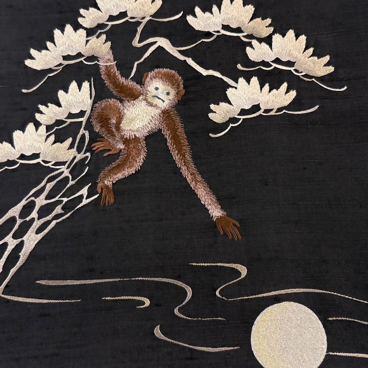 Fukuro Obi Silk Tsumugi with Embroidered Gibbon Pine and Moon in Gold Thread