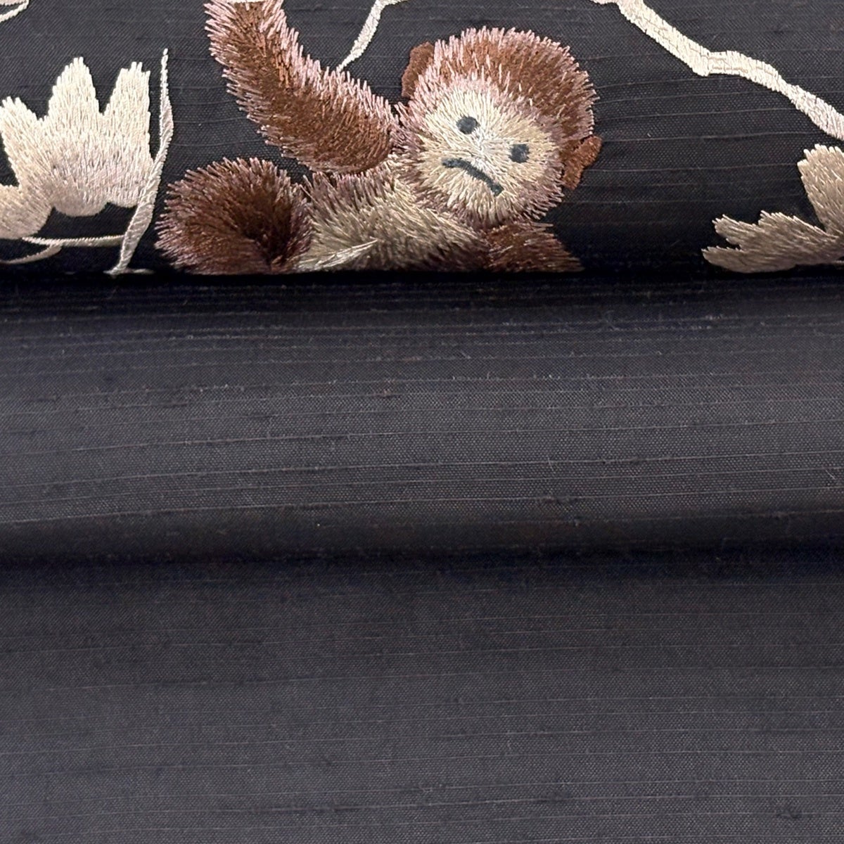 Fukuro Obi Silk Tsumugi with Embroidered Gibbon Pine and Moon in Gold Thread