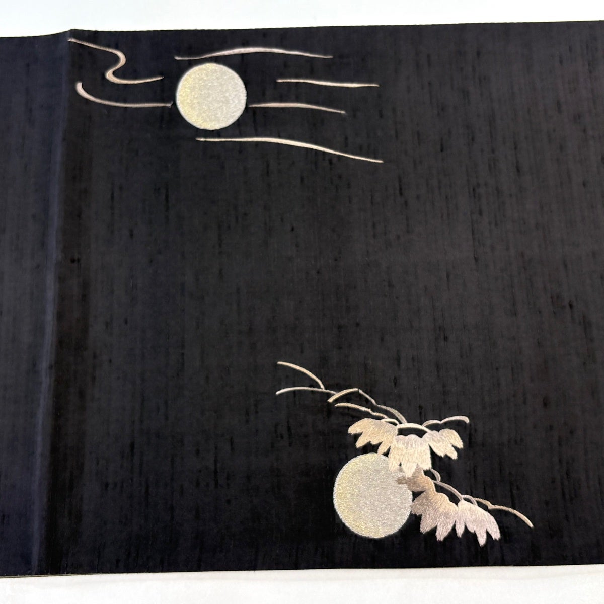 Fukuro Obi Silk Tsumugi with Embroidered Gibbon Pine and Moon in Gold Thread