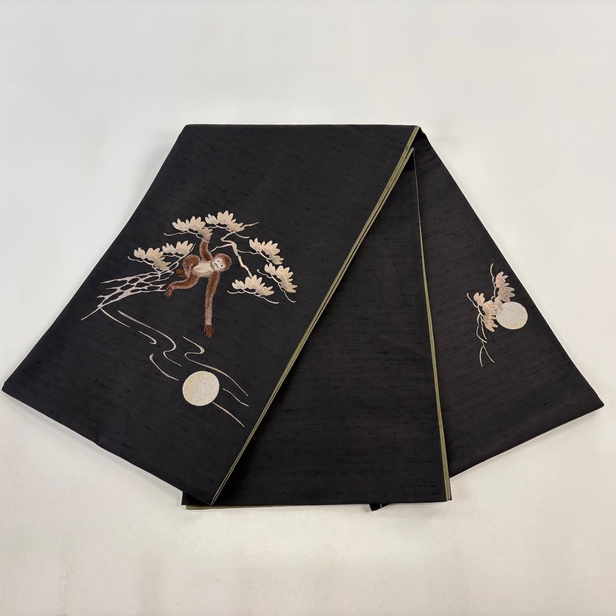 Fukuro Obi Silk Tsumugi with Embroidered Gibbon Pine and Moon in Gold Thread