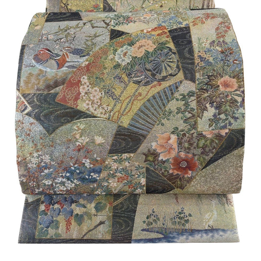 Maru Obi Formal Silk Sash, Fan Bird and Flower Design, Gold and Platinum Foil