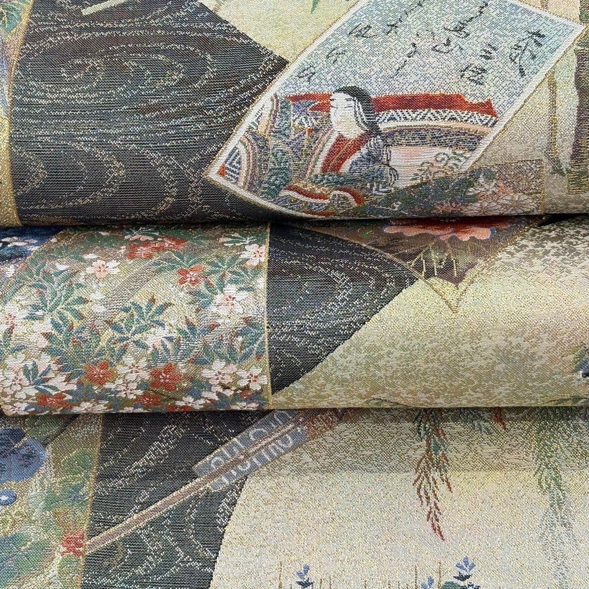 Maru Obi Formal Silk Sash, Fan Bird and Flower Design, Gold and Platinum Foil