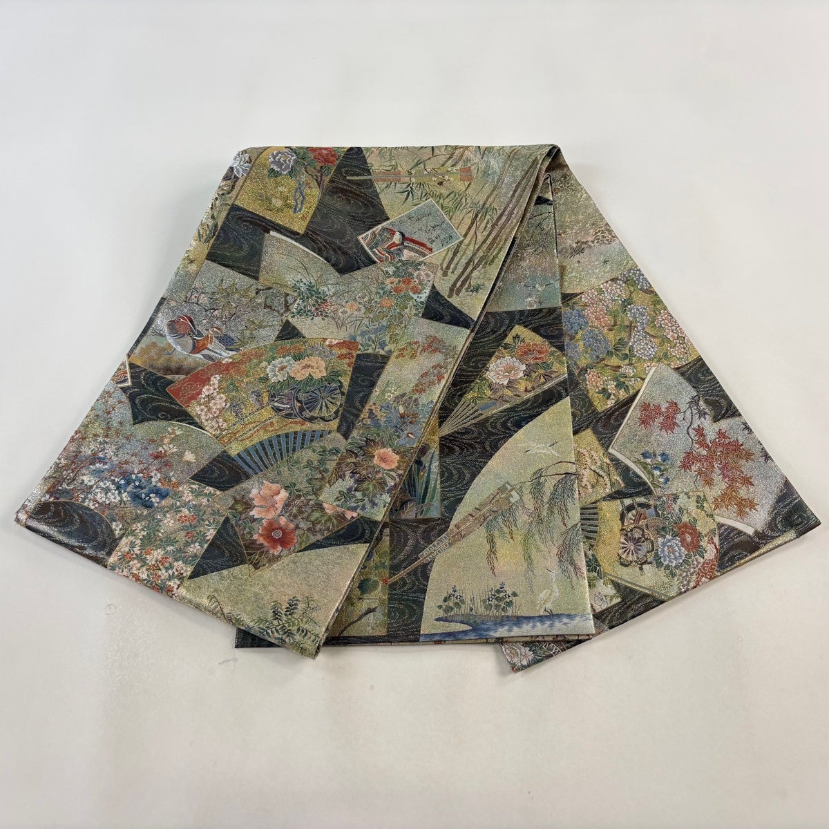 Maru Obi Formal Silk Sash, Fan Bird and Flower Design, Gold and Platinum Foil