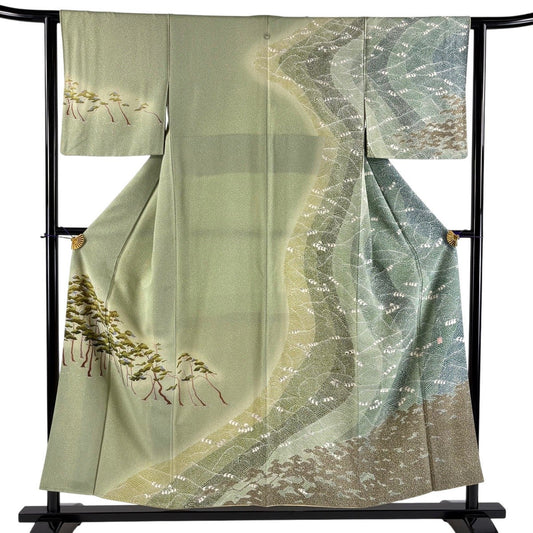 Homongi Silk Kimono by Sakai Norihito, Pine and Wave Design, Gold Silver, Size S