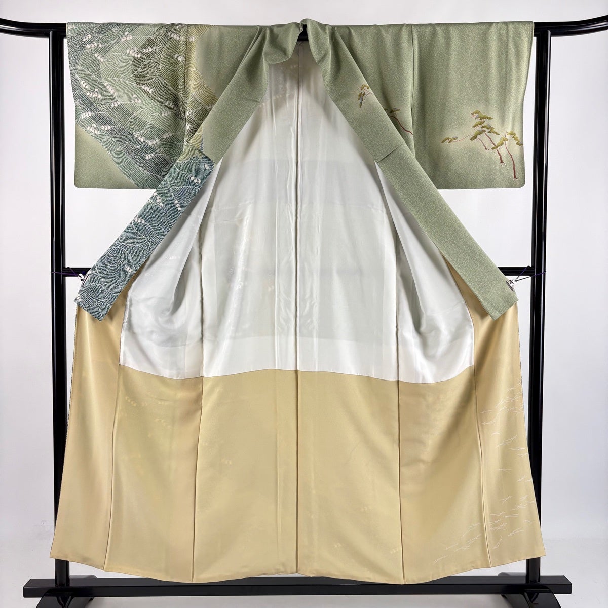Homongi Silk Kimono by Sakai Norihito, Pine and Wave Design, Gold Silver, Size S