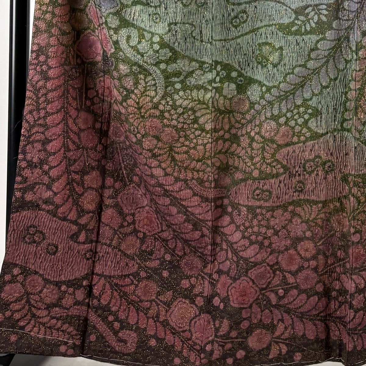 Homongi Silk Kimono with Tsujigahana Kasumi Motif, Bokashi Purple-Red, Lined, Signed M