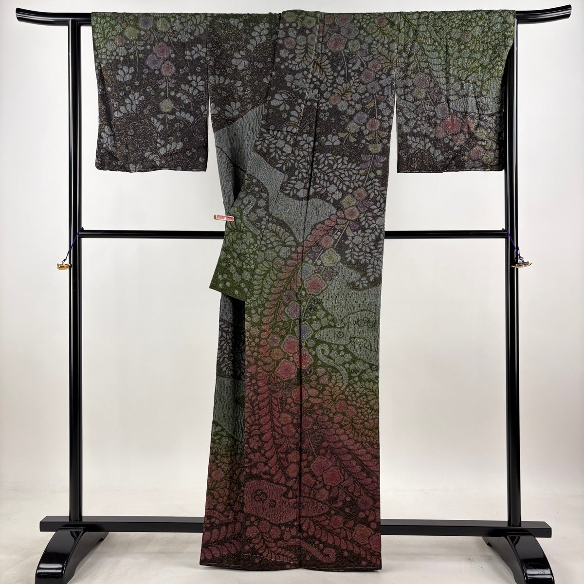 Homongi Silk Kimono with Tsujigahana Kasumi Motif, Bokashi Purple-Red, Lined, Signed M