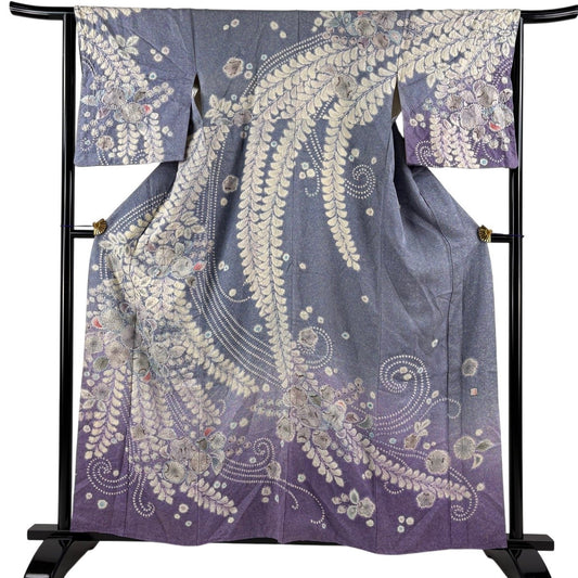 Silk Homongi Kimono Tsujigahana Gin-toshi Bokashi Blue-Gray with Kakihan, Size M Awase