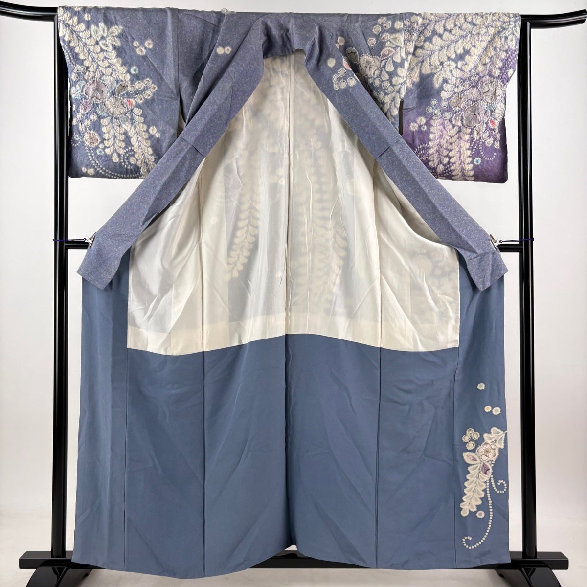 Silk Homongi Kimono Tsujigahana Gin-toshi Bokashi Blue-Gray with Kakihan, Size M Awase