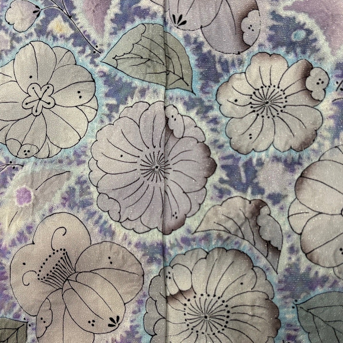 Silk Homongi Kimono Tsujigahana Gin-toshi Bokashi Blue-Gray with Kakihan, Size M Awase