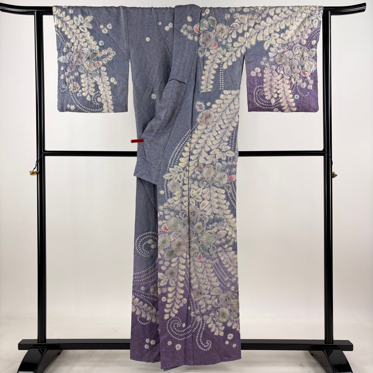 Silk Homongi Kimono Tsujigahana Gin-toshi Bokashi Blue-Gray with Kakihan, Size M Awase