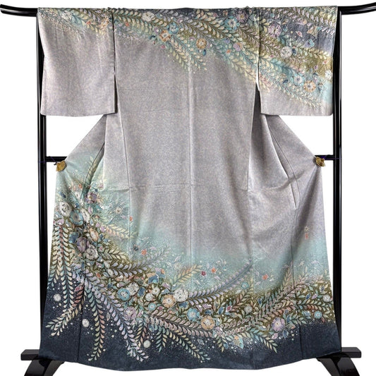 Suisan Kobo Tsujigahana Homongi Silk Kimono Awase Gray-Purple L, Signed