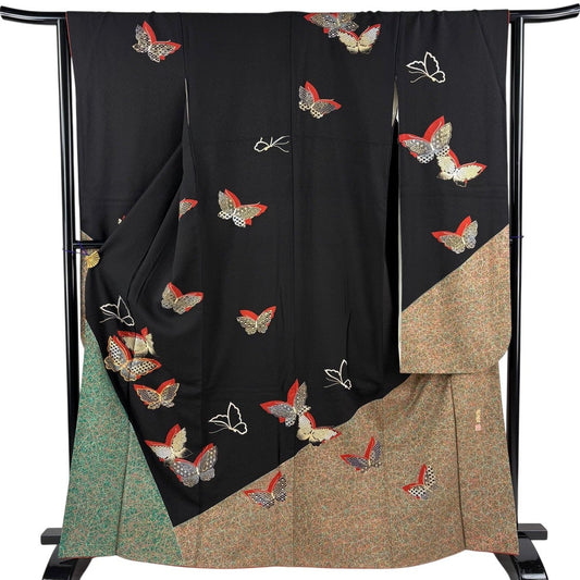 Furisode Silk Kimono by Kansai Yamamoto, Butterfly Geometric Gold Motif, Black, Size M