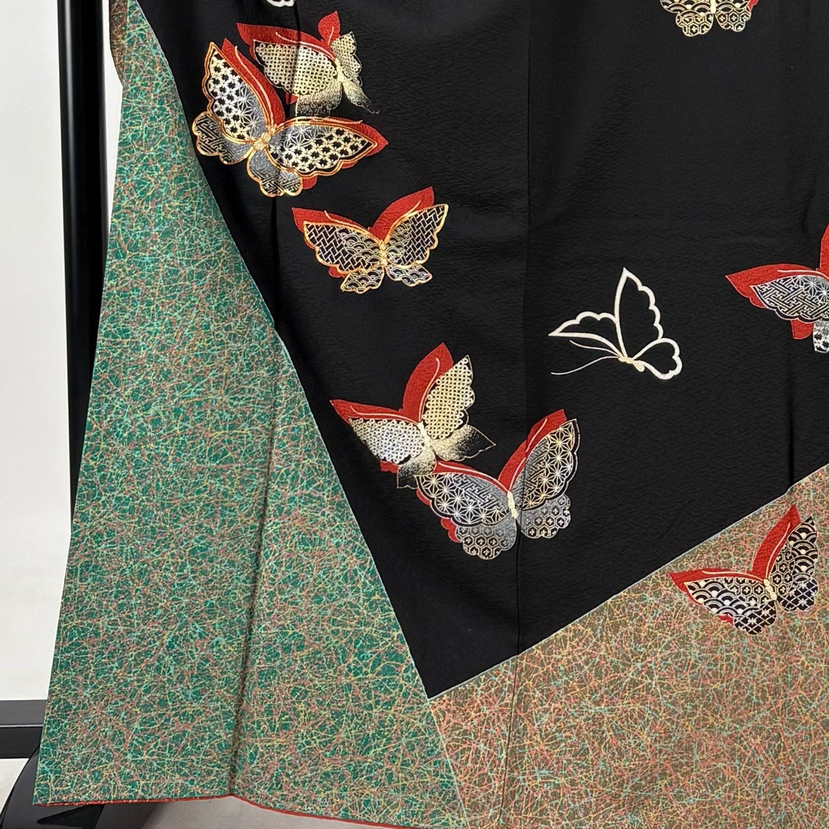 Furisode Silk Kimono by Kansai Yamamoto, Butterfly Geometric Gold Motif, Black, Size M