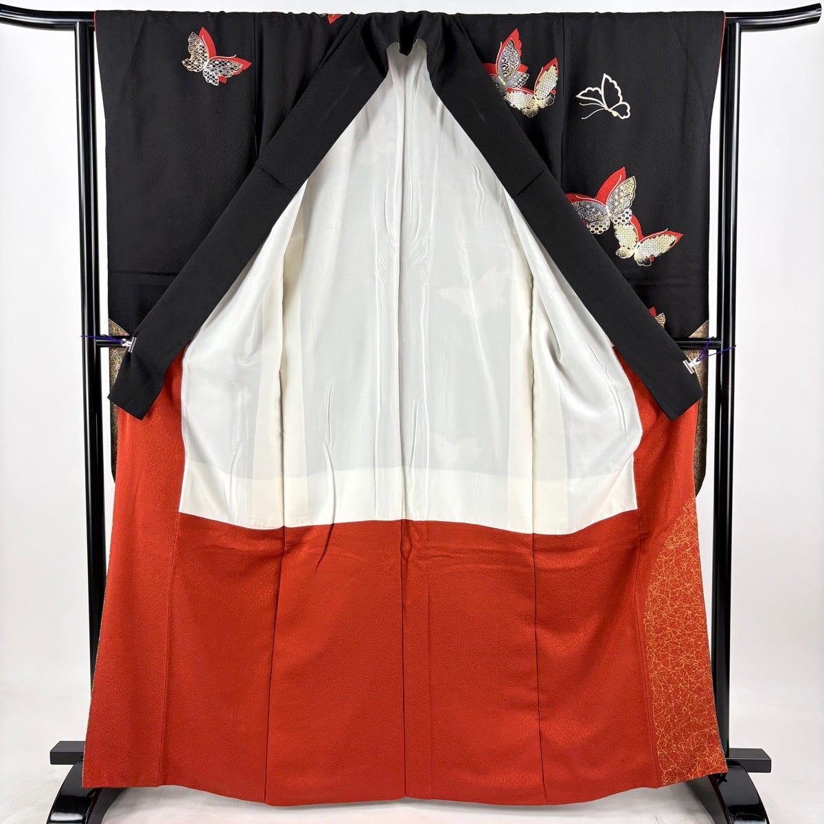 Furisode Silk Kimono by Kansai Yamamoto, Butterfly Geometric Gold Motif, Black, Size M