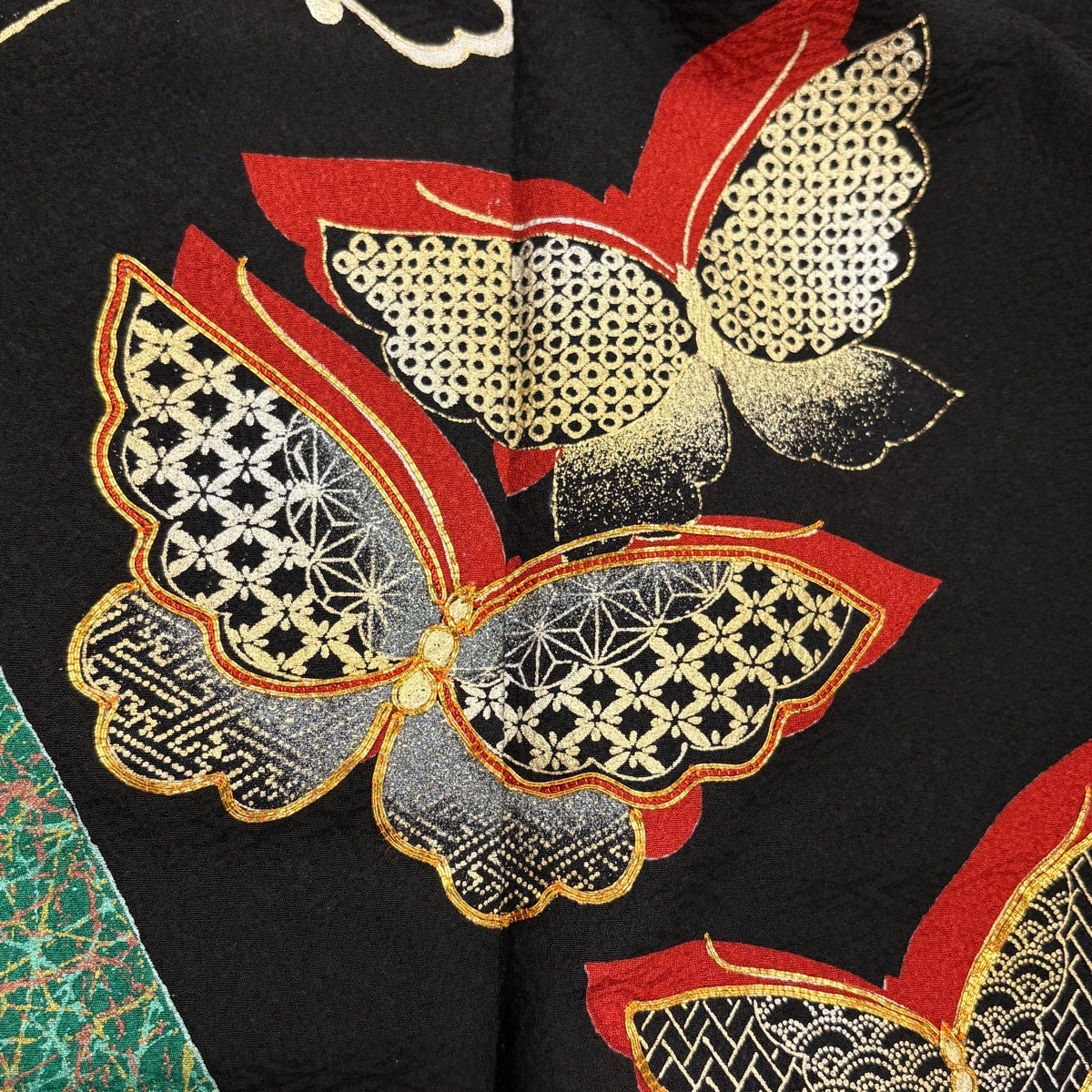 Furisode Silk Kimono by Kansai Yamamoto, Butterfly Geometric Gold Motif, Black, Size M