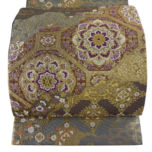 Juraku Fukuro Obi Silk Formal Shokko Floral Gold Thread with Signature