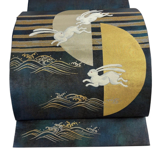 Fukuro Obi by Nagashima Sei Orimono, Nishijin Silk, Gold Rabbit Wave Design