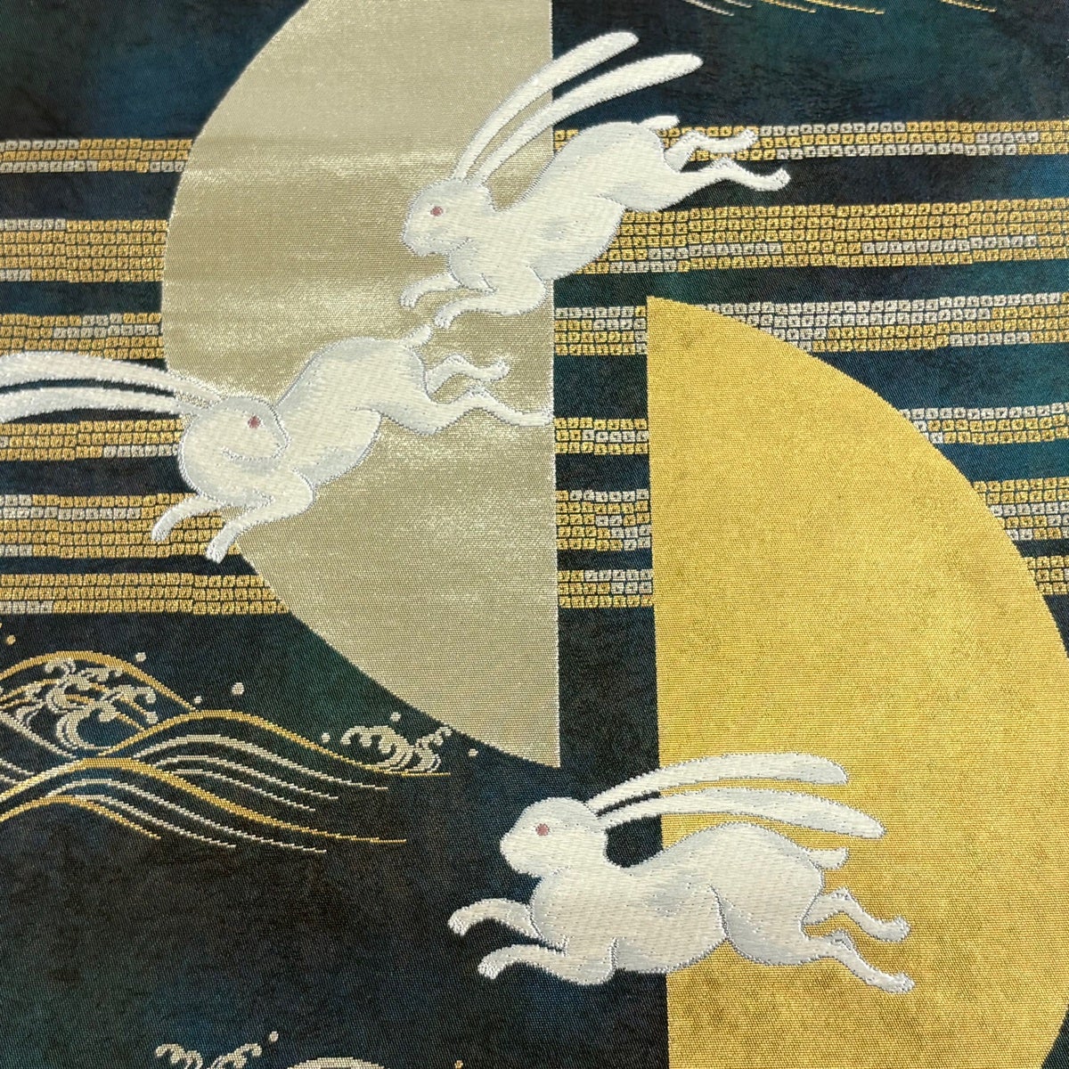 Fukuro Obi by Nagashima Sei Orimono, Nishijin Silk, Gold Rabbit Wave Design
