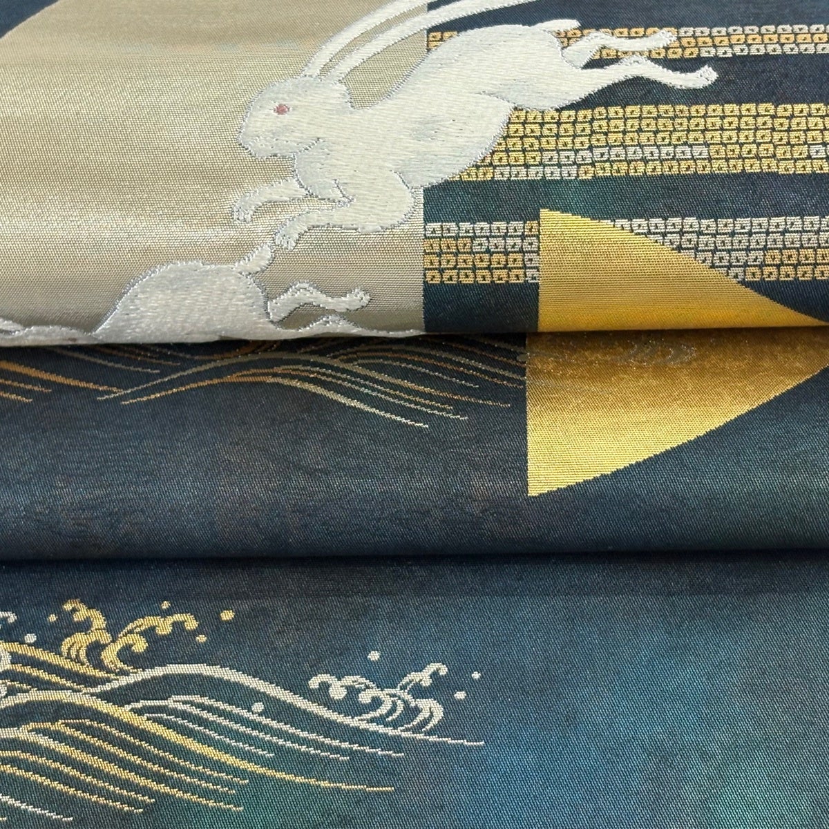 Fukuro Obi by Nagashima Sei Orimono, Nishijin Silk, Gold Rabbit Wave Design