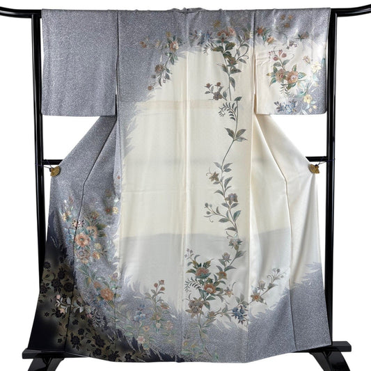 Homongi Silk Kimono with Floral Silhouette, Raden and Gold-Silver Decoration, Gray M