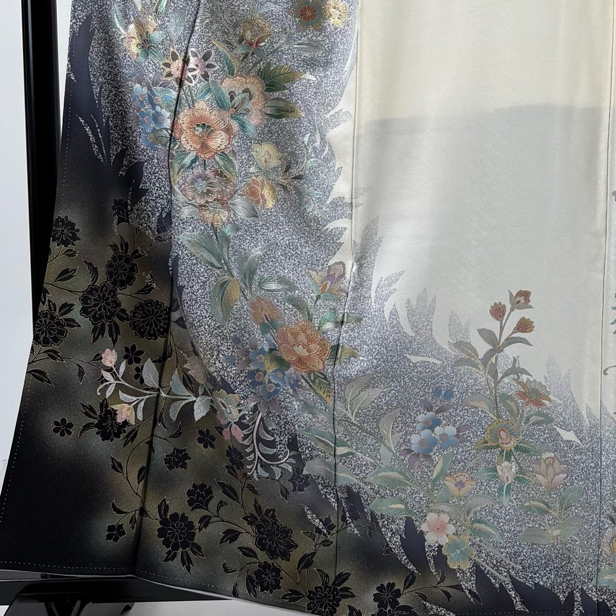 Homongi Silk Kimono with Floral Silhouette, Raden and Gold-Silver Decoration, Gray M