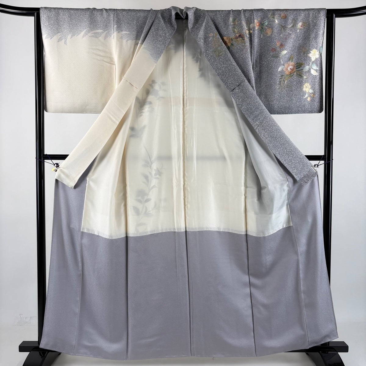 Homongi Silk Kimono with Floral Silhouette, Raden and Gold-Silver Decoration, Gray M
