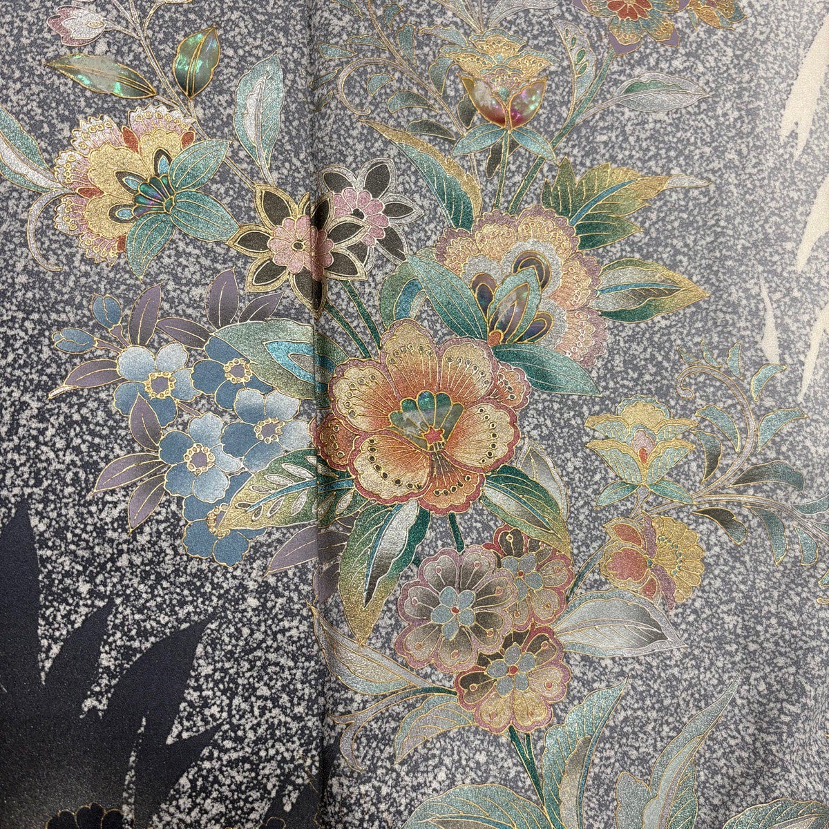 Homongi Silk Kimono with Floral Silhouette, Raden and Gold-Silver Decoration, Gray M