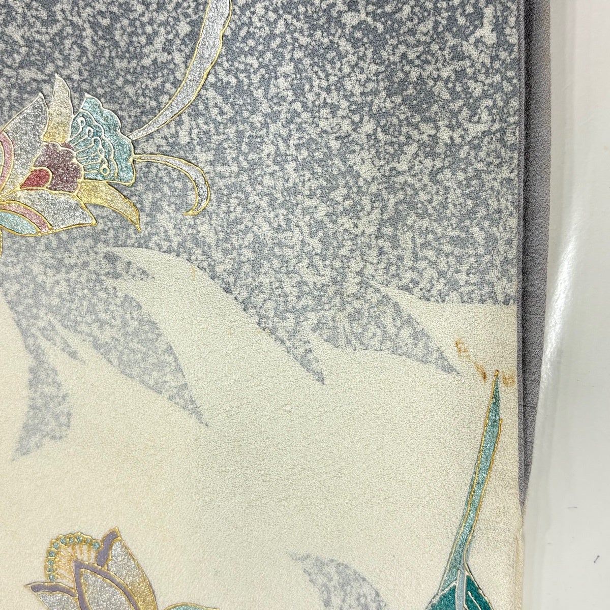 Homongi Silk Kimono with Floral Silhouette, Raden and Gold-Silver Decoration, Gray M
