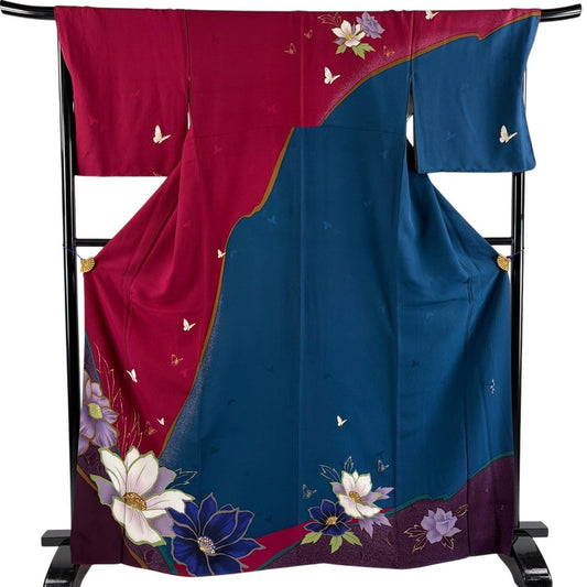 Hanae Mori Homongi Silk Kimono with Rakkan, Peony Butterfly Kinsai Design, Size L