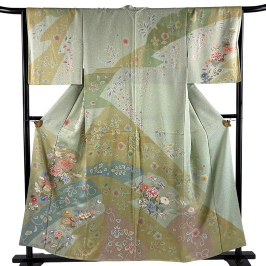 Homongi Silk Kimono with Snow-Ring, Grasses and Flowers, Gold Accents, Size M