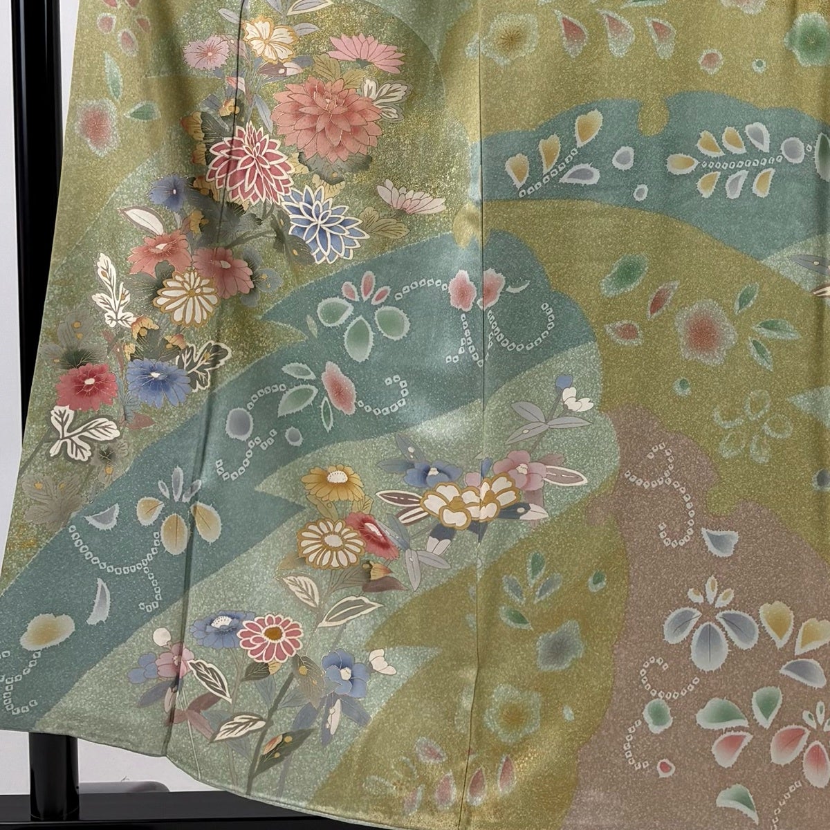 Homongi Silk Kimono with Snow-Ring, Grasses and Flowers, Gold Accents, Size M