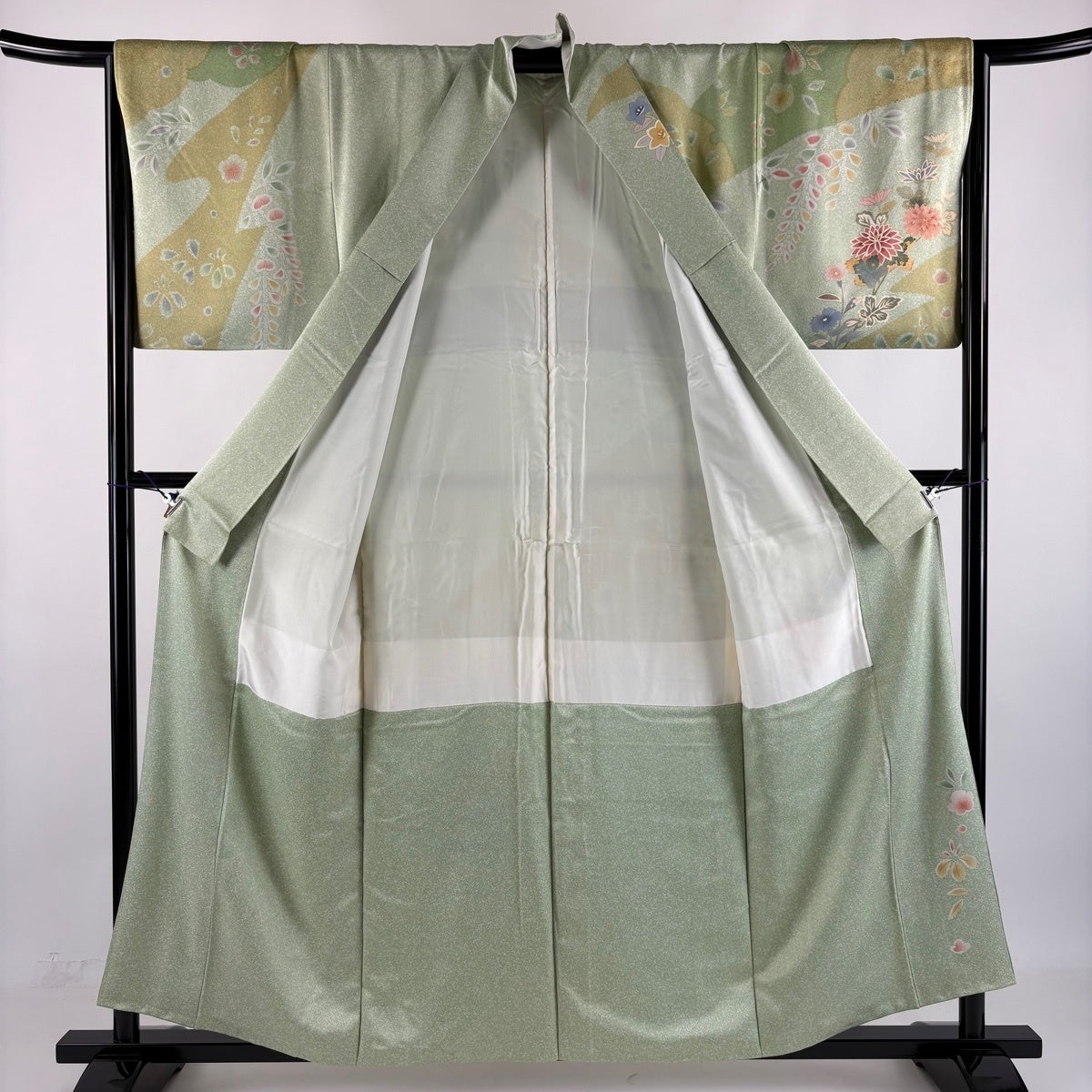 Homongi Silk Kimono with Snow-Ring, Grasses and Flowers, Gold Accents, Size M