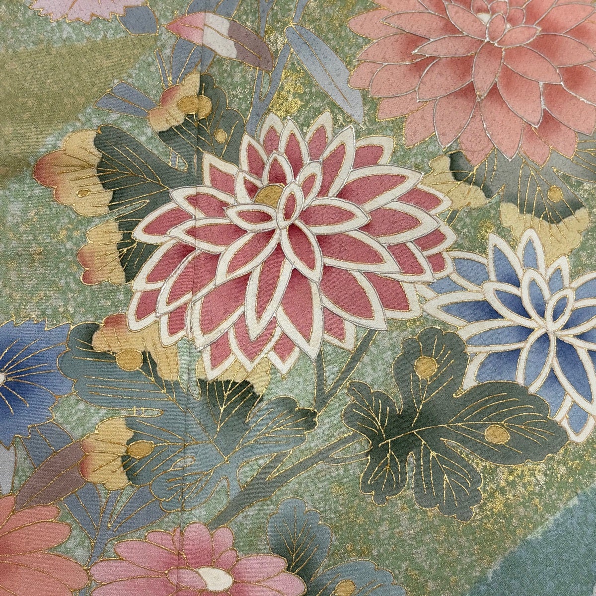 Homongi Silk Kimono with Snow-Ring, Grasses and Flowers, Gold Accents, Size M