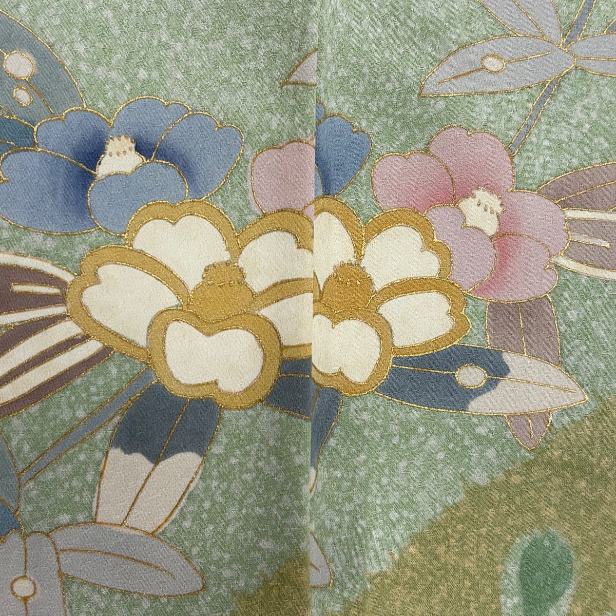 Homongi Silk Kimono with Snow-Ring, Grasses and Flowers, Gold Accents, Size M