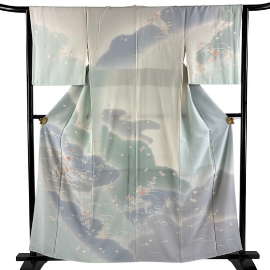 Homongi Silk Kimono Awase with Plum Branch Chrysanthemum Gold Thread Kinsai Light Green M