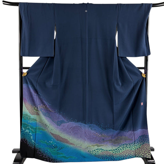 Irotomesode Silk Kimono by Takitai, Wave and Mist Embroidery Shibori, Navy, Size M