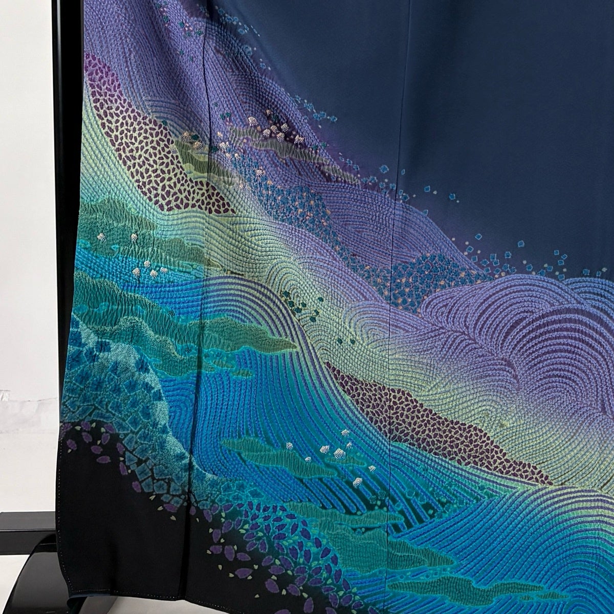 Irotomesode Silk Kimono by Takitai, Wave and Mist Embroidery Shibori, Navy, Size M