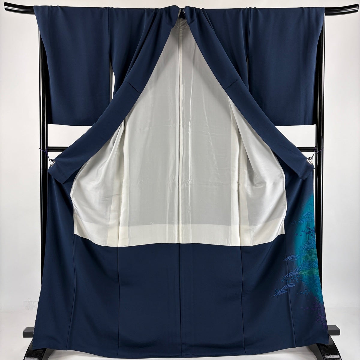 Irotomesode Silk Kimono by Takitai, Wave and Mist Embroidery Shibori, Navy, Size M