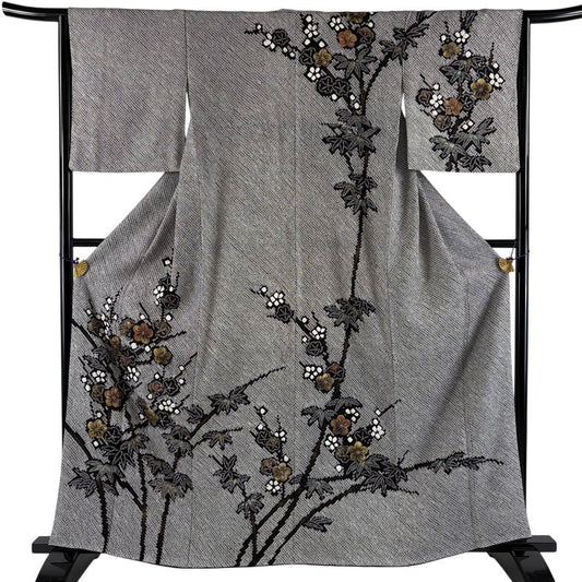 Homongi Silk Kimono Black Awase with Plum Branch Bamboo Shibori Gold Leaf M